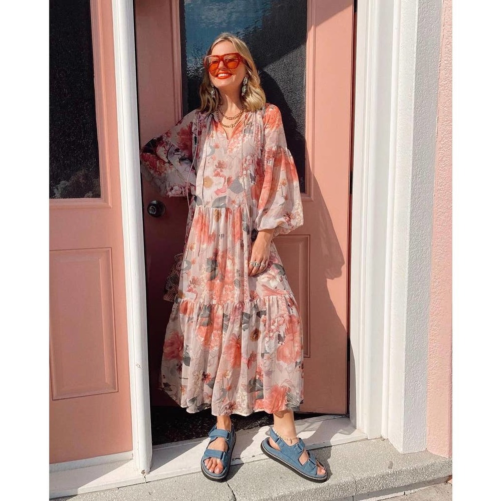 Chiffon Wide Cut Floral Dress Balloon Slee…
